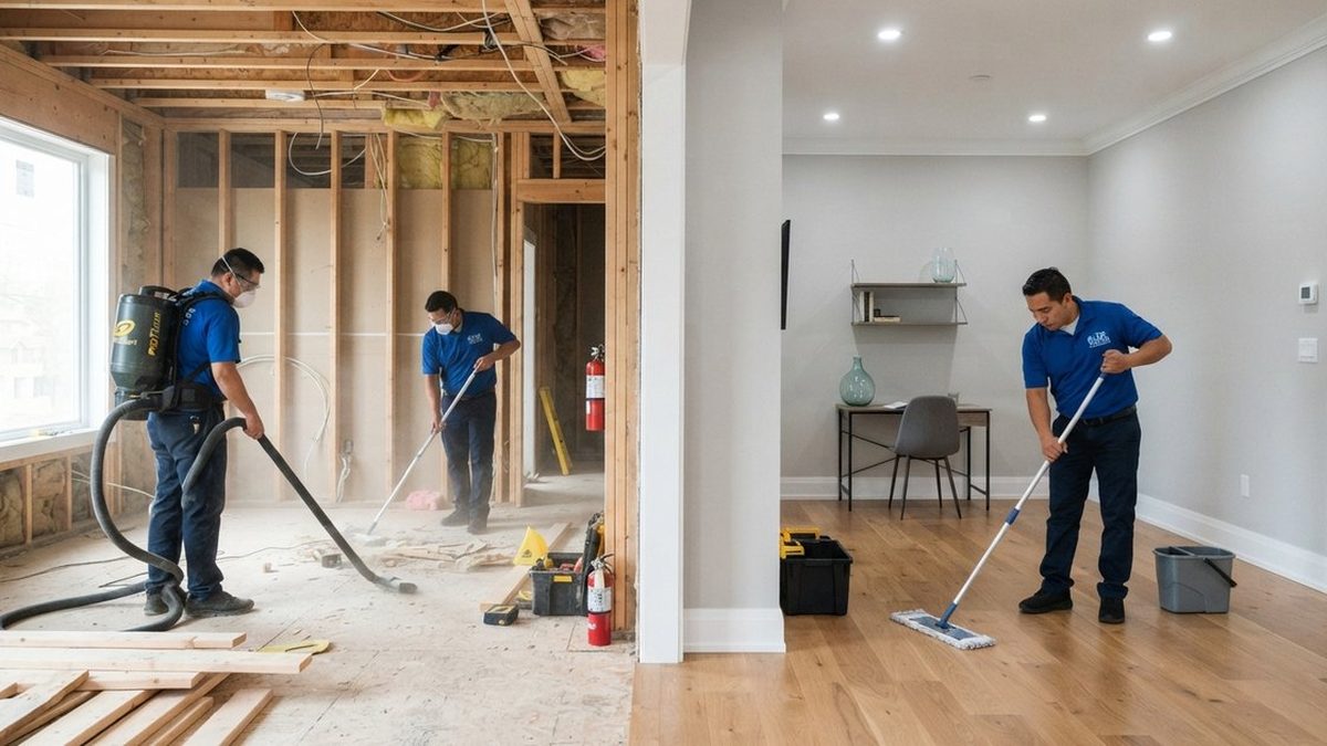 Three stages of construction cleaning from rough work to final touch-up