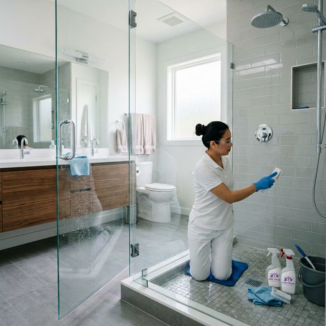 Professional cleaner scrubbing shower grout and removing hard water deposits in a modern Rocklin bathroom
