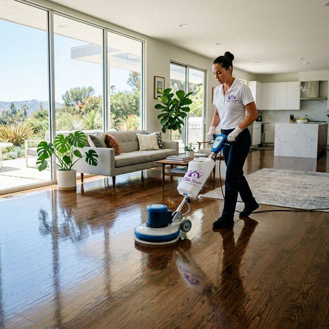 Professional cleaner using proper techniques to clean and restore shine on hardwood floors in a Rocklin home