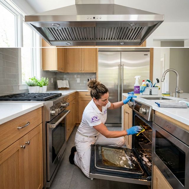 Professional cleaner scrubbing inside oven and degreasing range hood in a modern Rocklin kitchen
