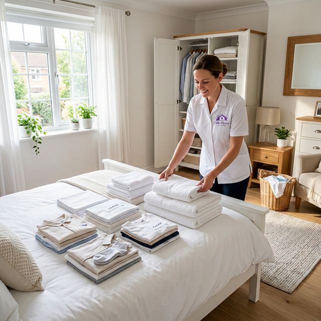 Professional housekeeper neatly folding and organizing laundry in a clean Rocklin home