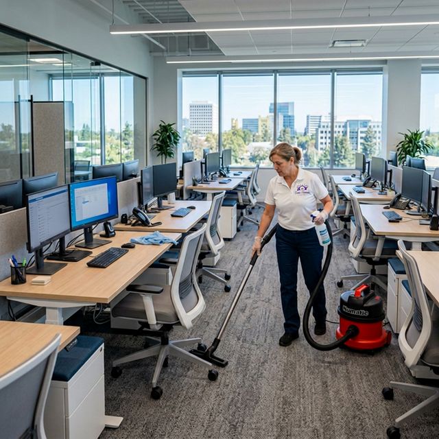 Professional commercial cleaner sanitizing desks and common areas in a clean modern Rocklin office