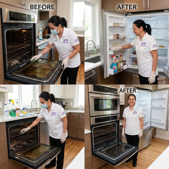 Professional cleaner degreasing oven interior and cleaning refrigerator shelves in a modern kitchen