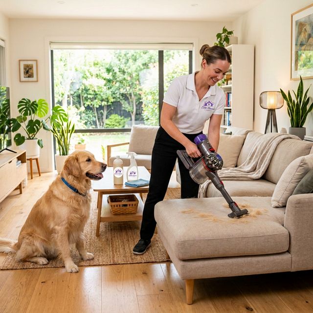 Professional cleaner vacuuming pet hair from couch while golden retriever watches in bright Rocklin home