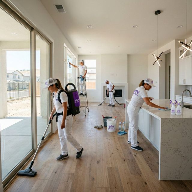 Professional post-construction cleaning team removing drywall dust and debris in a newly remodeled Rocklin home