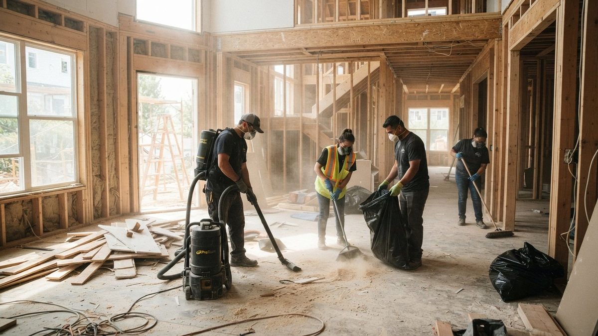 Rough construction cleaning crew clearing debris and heavy dust from a Rocklin building project