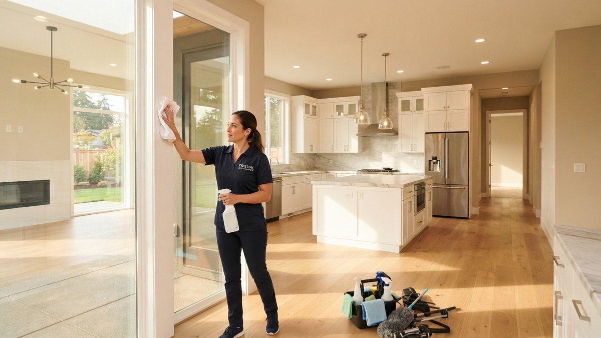 Touch-up construction cleaning specialist polishing fixtures in a finished Rocklin home