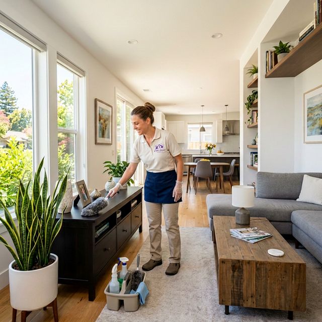 Elite House Cleaning maid dusting and tidying a bright Sacramento home living room on a regular visit