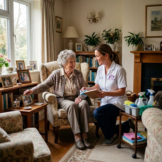 Professional cleaner helping organize and clean a comfortable senior home in Rocklin