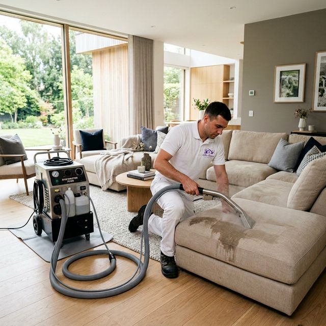 Professional technician steam cleaning a sectional sofa in a bright modern Rocklin living room